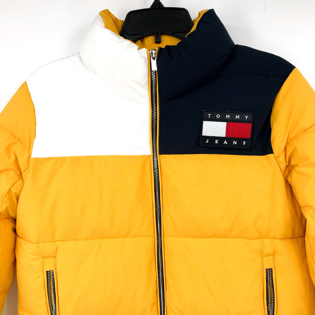 TOMMY JEANS Womens Big Logo Puffer Coat XS Yellow White Blue Ski Jacket NWT
