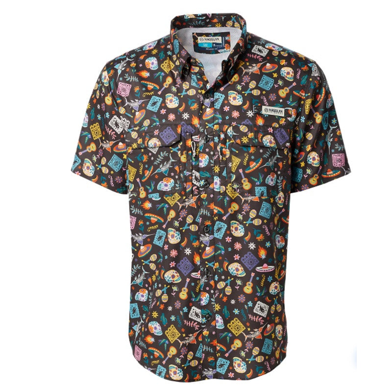 MAGELLAN Mens Dia De Los Muertos Fishing Shirt XS Black Short Sleeve NWOT
