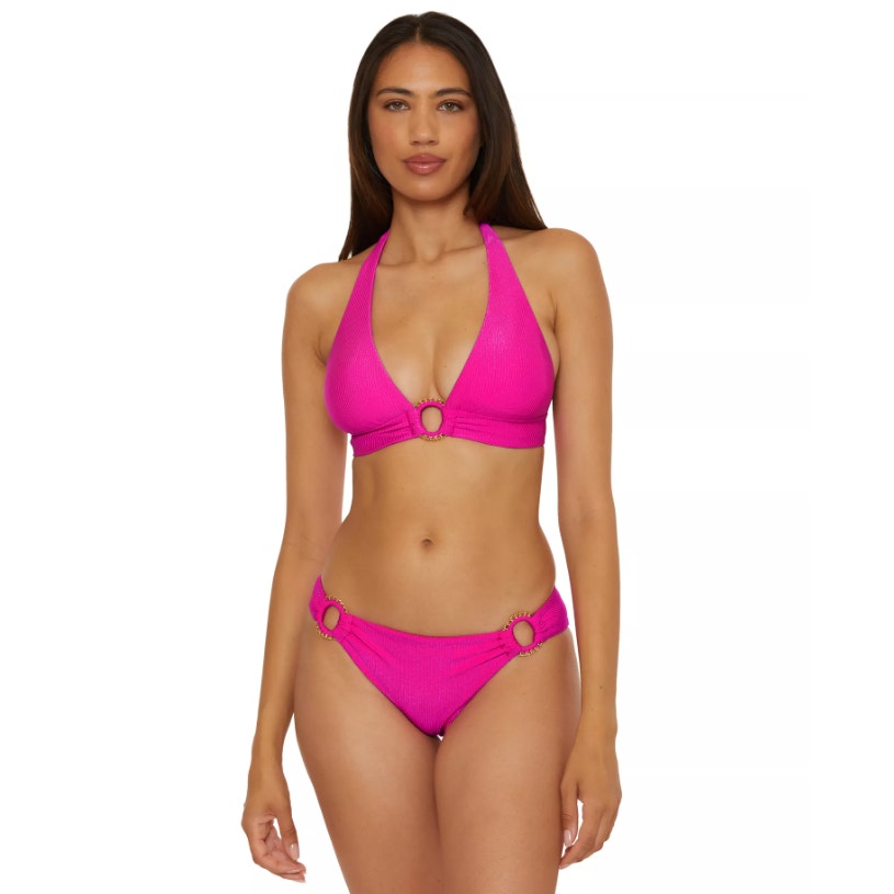 BECCA Women's Monte Carlo Gracie Hipster Bikini Bottom Large Azalea Pink Rib NWT