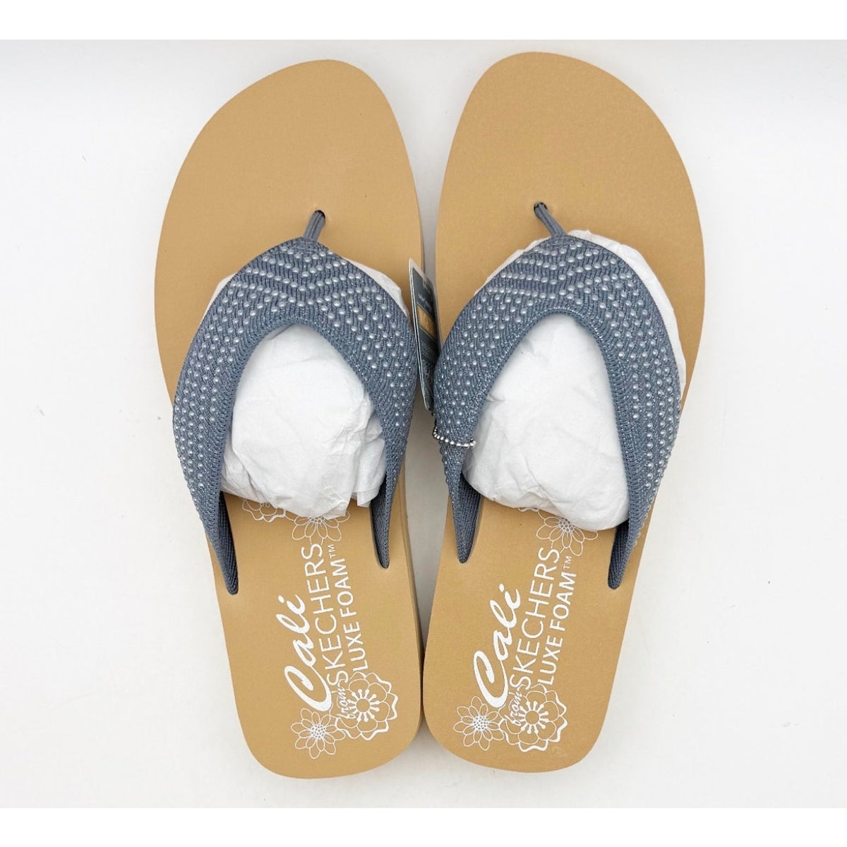 Skechers Women's Summers Mid Wedge Thong Sandals Size 9 EU 39 Slate Blue Tan NIB