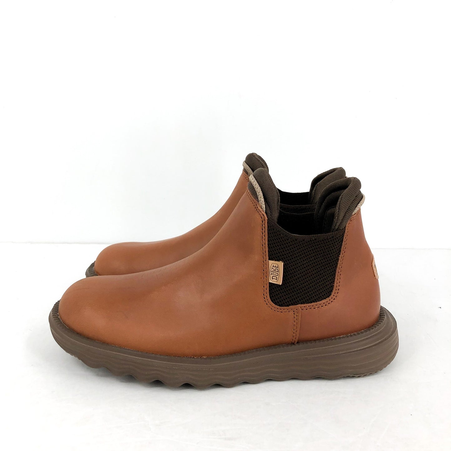 HEY DUDE Womens Branson Ankle Boots US 7 Cognac Leather Pull-On NIB