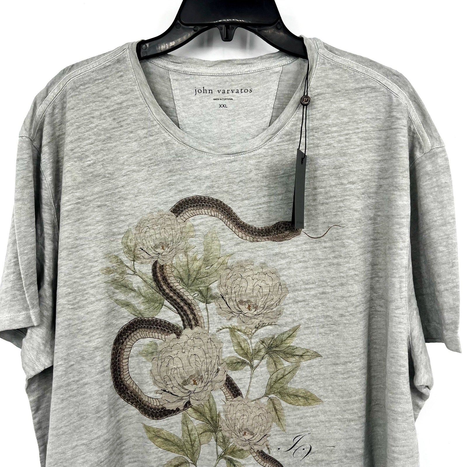 JOHN VARVATOS Men's Snake Floral Crew Tee XXL Pearl Grey Linen Short Sleeve NWT
