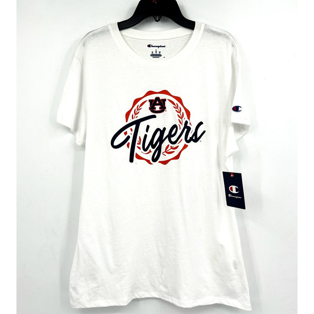 CHAMPION Womens Auburn Tigers Faux Crest T-shirt LARGE White Short Sleeve NWT