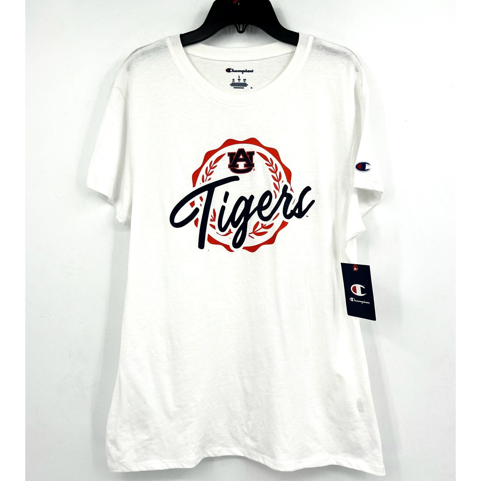 CHAMPION Womens Auburn Tigers Faux Crest T-shirt LARGE White Short Sleeve NWT