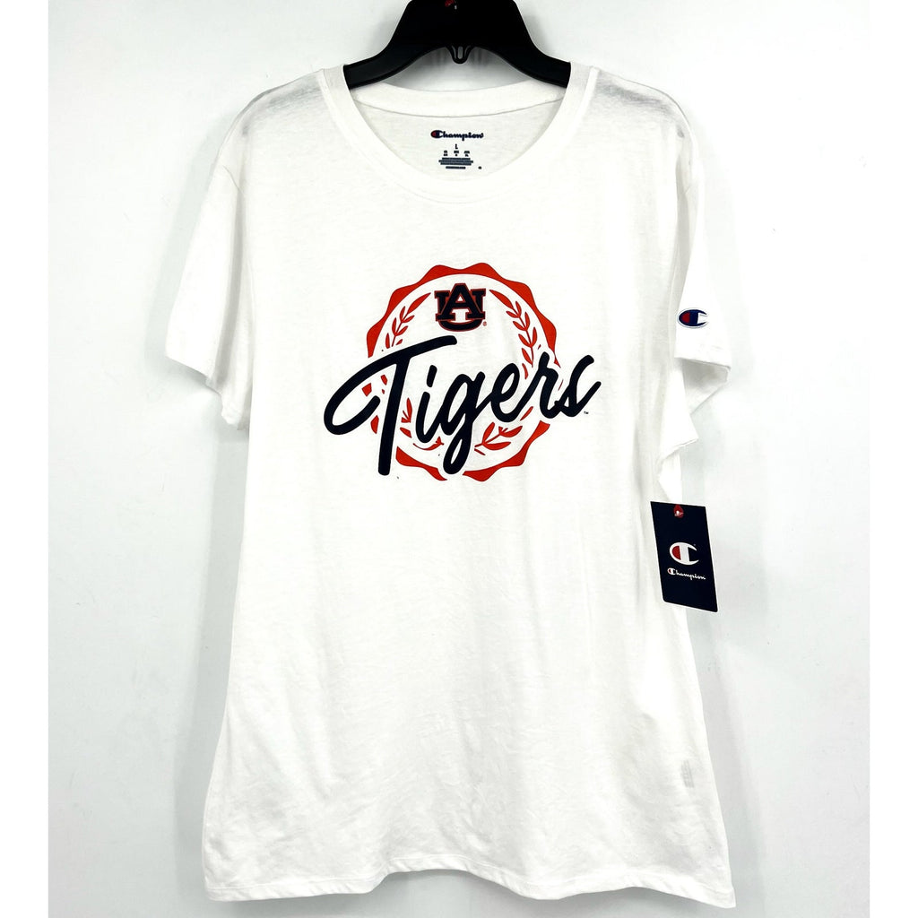 CHAMPION Womens Auburn Tigers Faux Crest T-shirt LARGE White Short Sleeve NWT