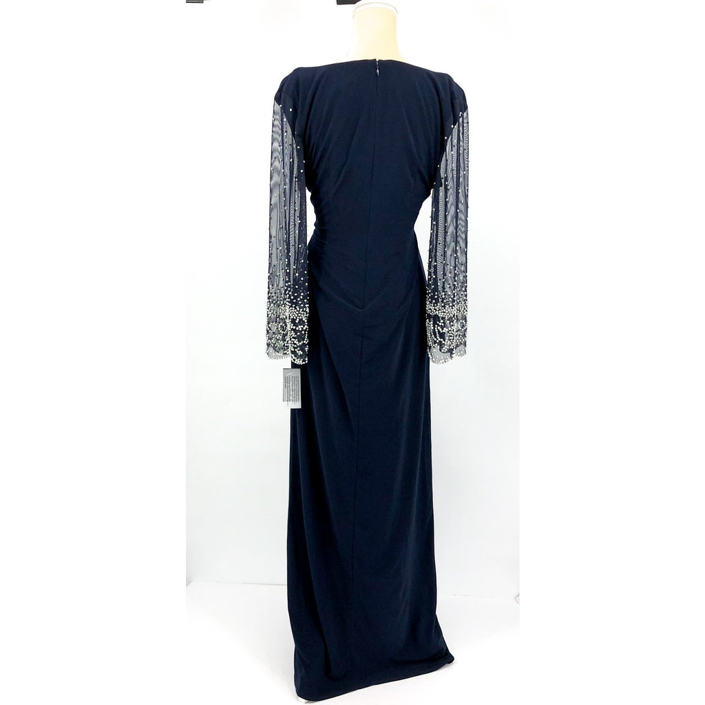 ALEX EVEININGS Embellished Illusion Dress Size 12 Dark Navy Blue Jersey NWT
