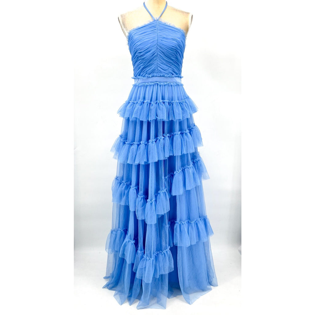 AQUA Women's Tulle Tiered Ruffle Gown Size 2 Cornflower Blue Open Back Dress NWT