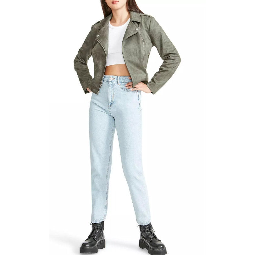 STEVE MADDEN Womens Faux Suede Moto Jacket Medium Olive Green Vegan Leather NWT