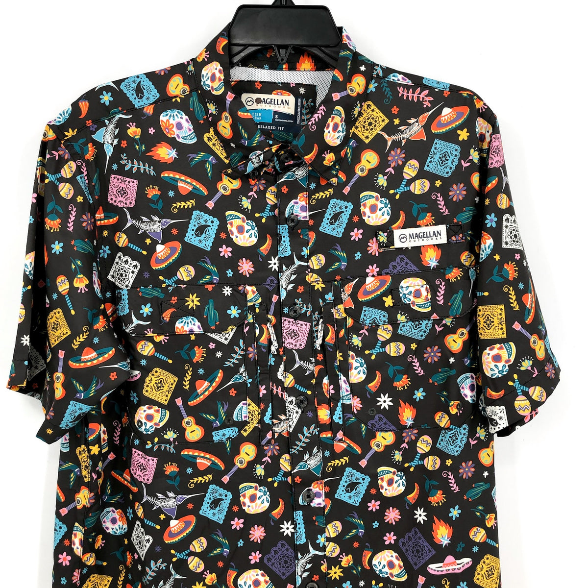 MAGELLAN Mens Dia De Los Muertos Fishing Shirt XS Black Short Sleeve NWOT