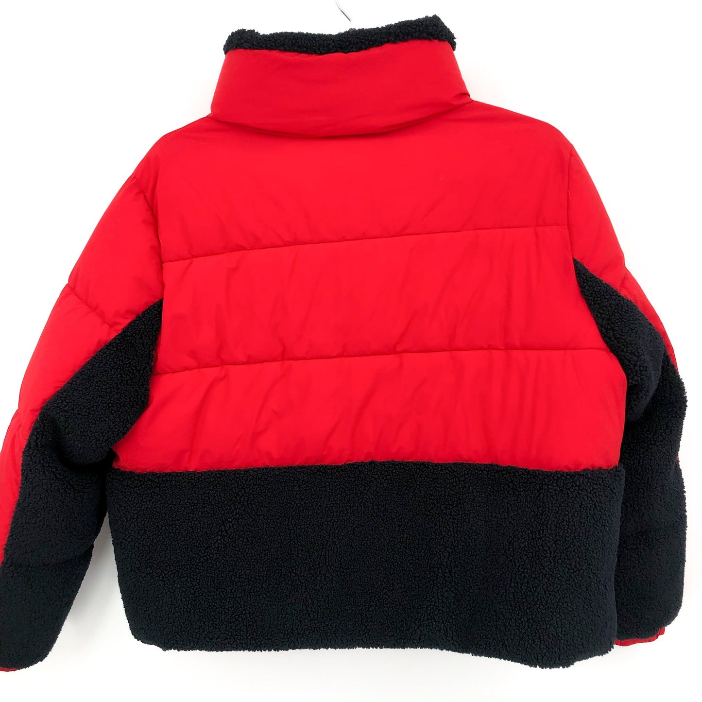 TOMMY HILFIGER Womens Colorblock Puffer Jacket XL Red Black Faux Fur Trim NWT