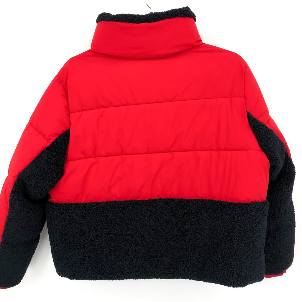 TOMMY HILFIGER Womens Colorblock Puffer Coat XL Red Black Sherpa Trim NWT