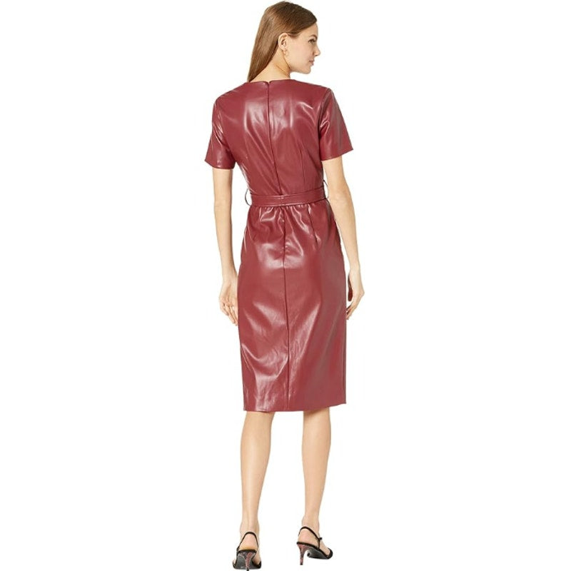 BARDOT Women's Midi Wrap Dress US 8 Red Burgundy Vegan Leather Short Sleeve NWT