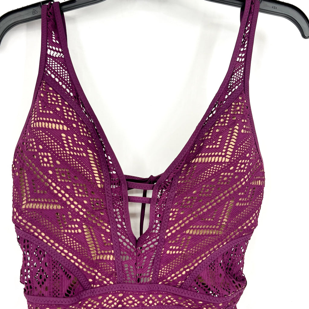 BECCA Women's Plunge One-Piece Swimsuit Large Purple Color Play Crochet NWT
