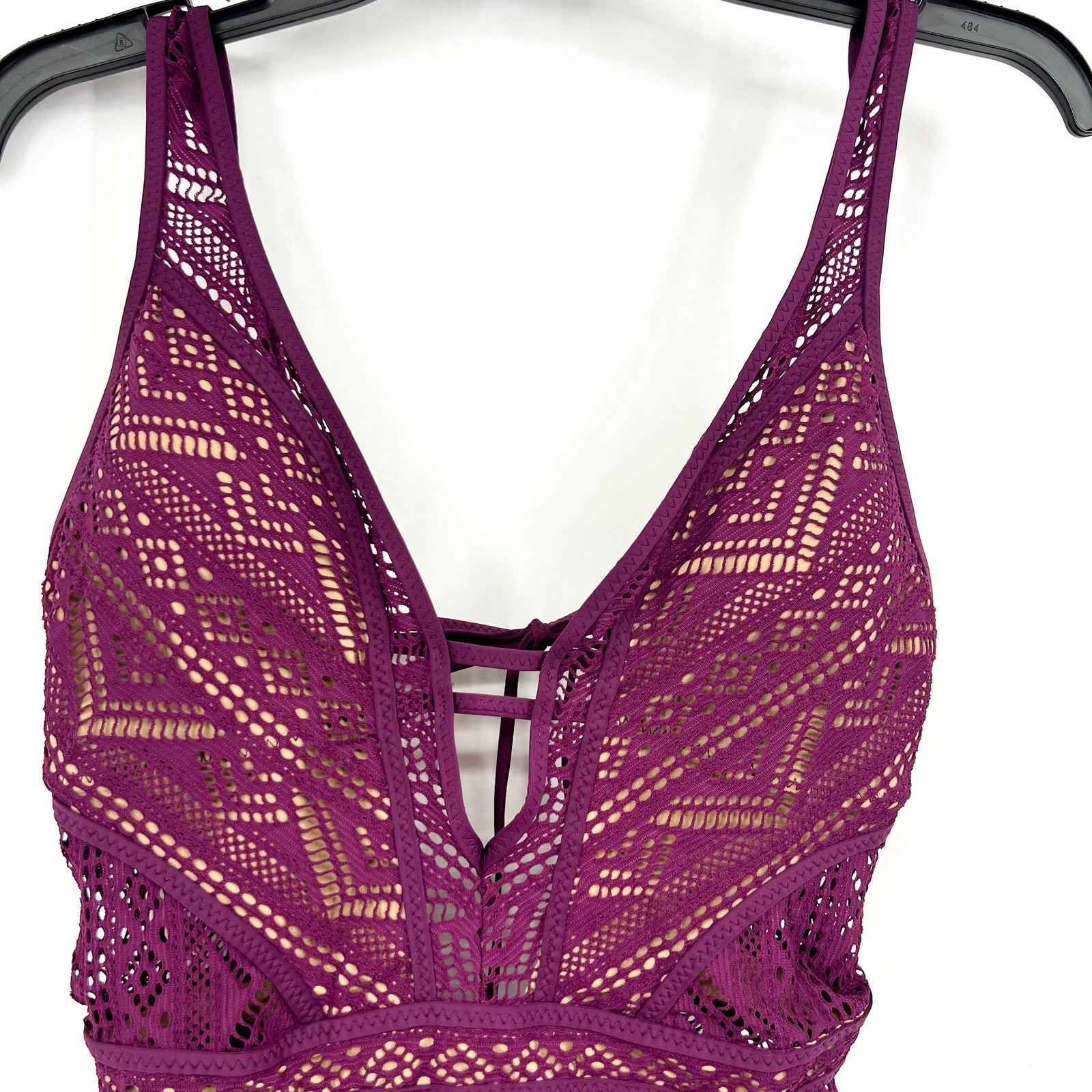 BECCA Women's Plunge One-Piece Swimsuit Large Purple Color Play Crochet NWT