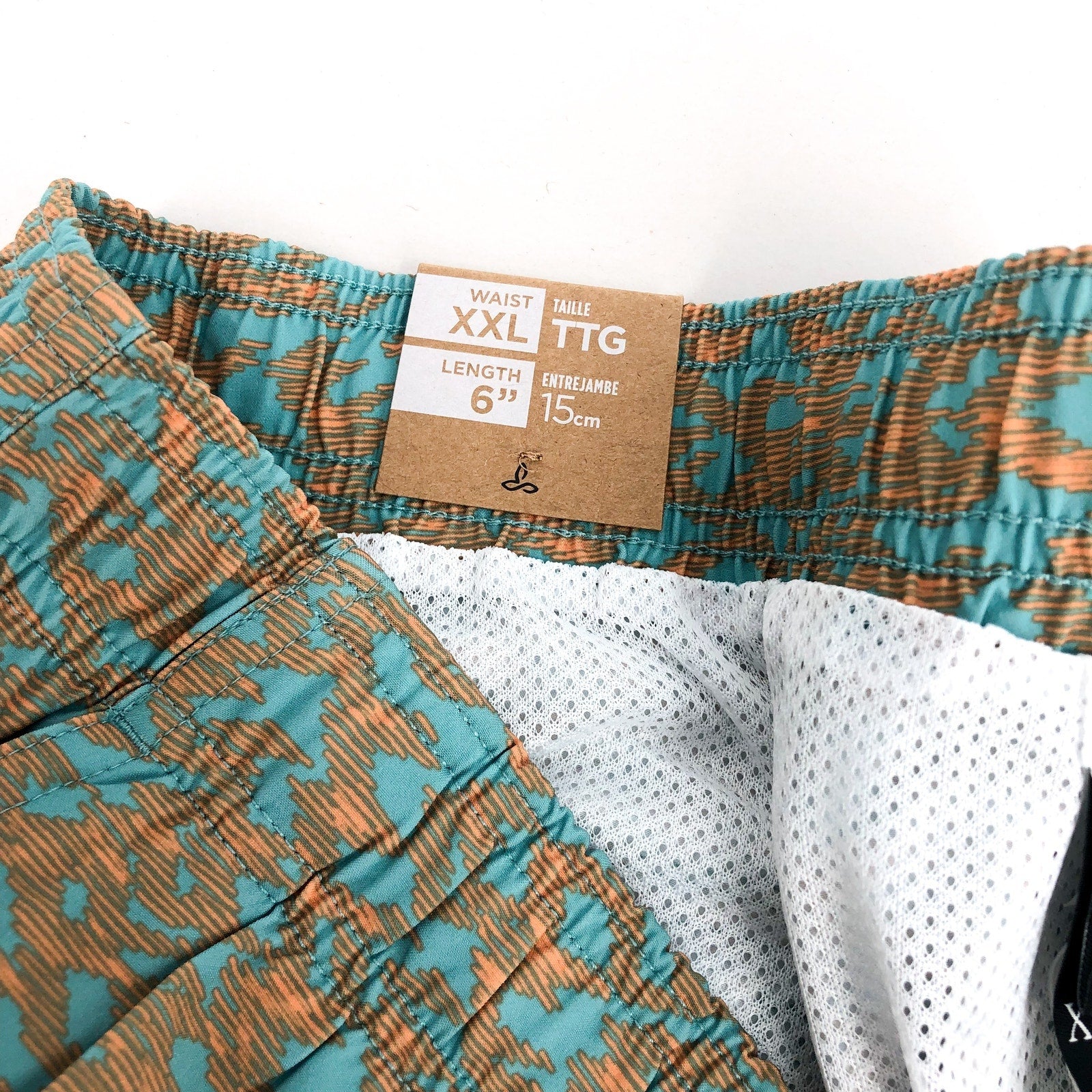 PRANA Men's Plunge Swim Shorts XXL Blue Tan Aqua Current 6" Inseam NWT