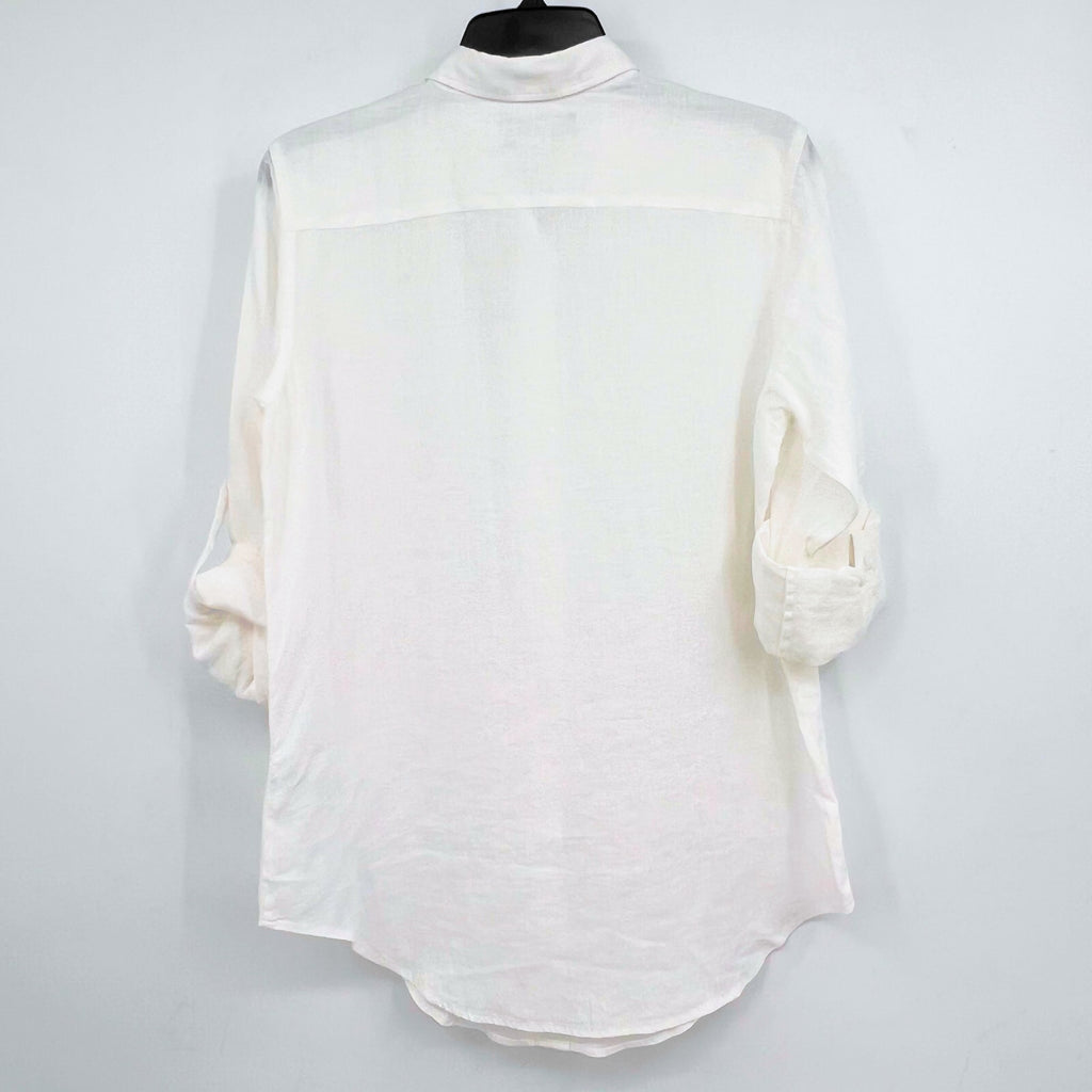 LAUREN RALPH LAUREN Womens Linen Shirt Medium White Roll Tab Sleeve NWT