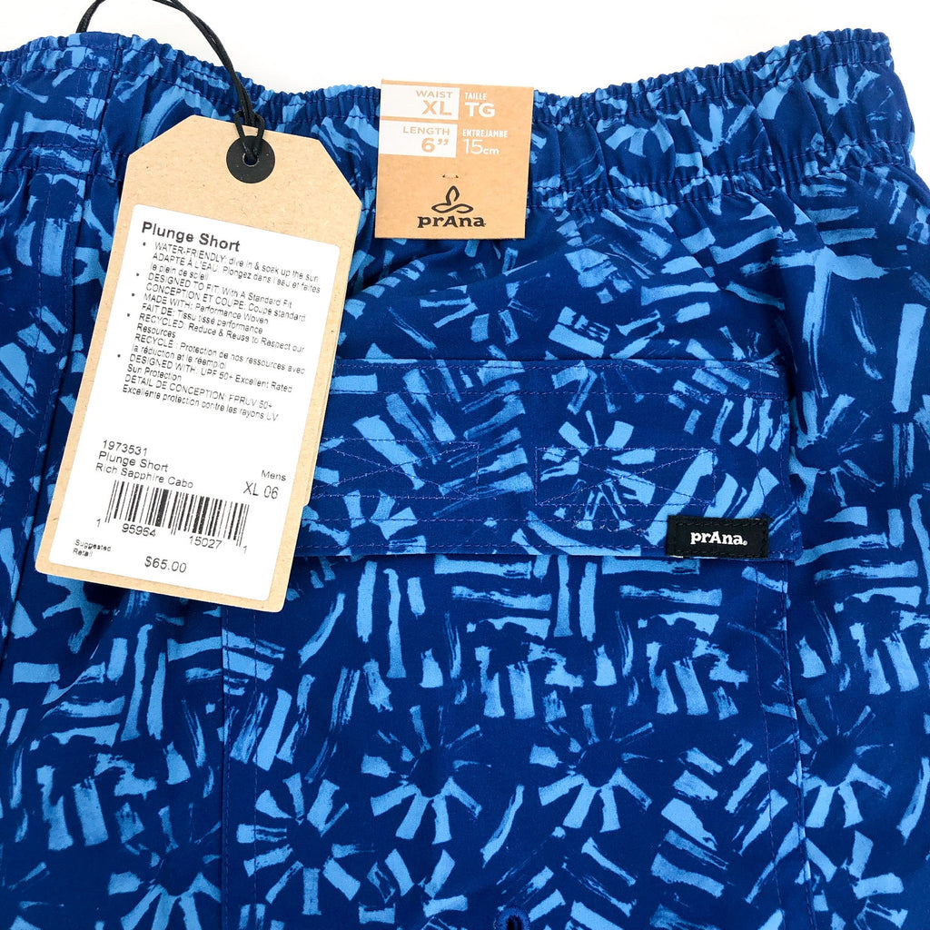PRANA Men's Plunge Swim Shorts XL Blue Rich Sapphire Cabo 6" Inseam NWT