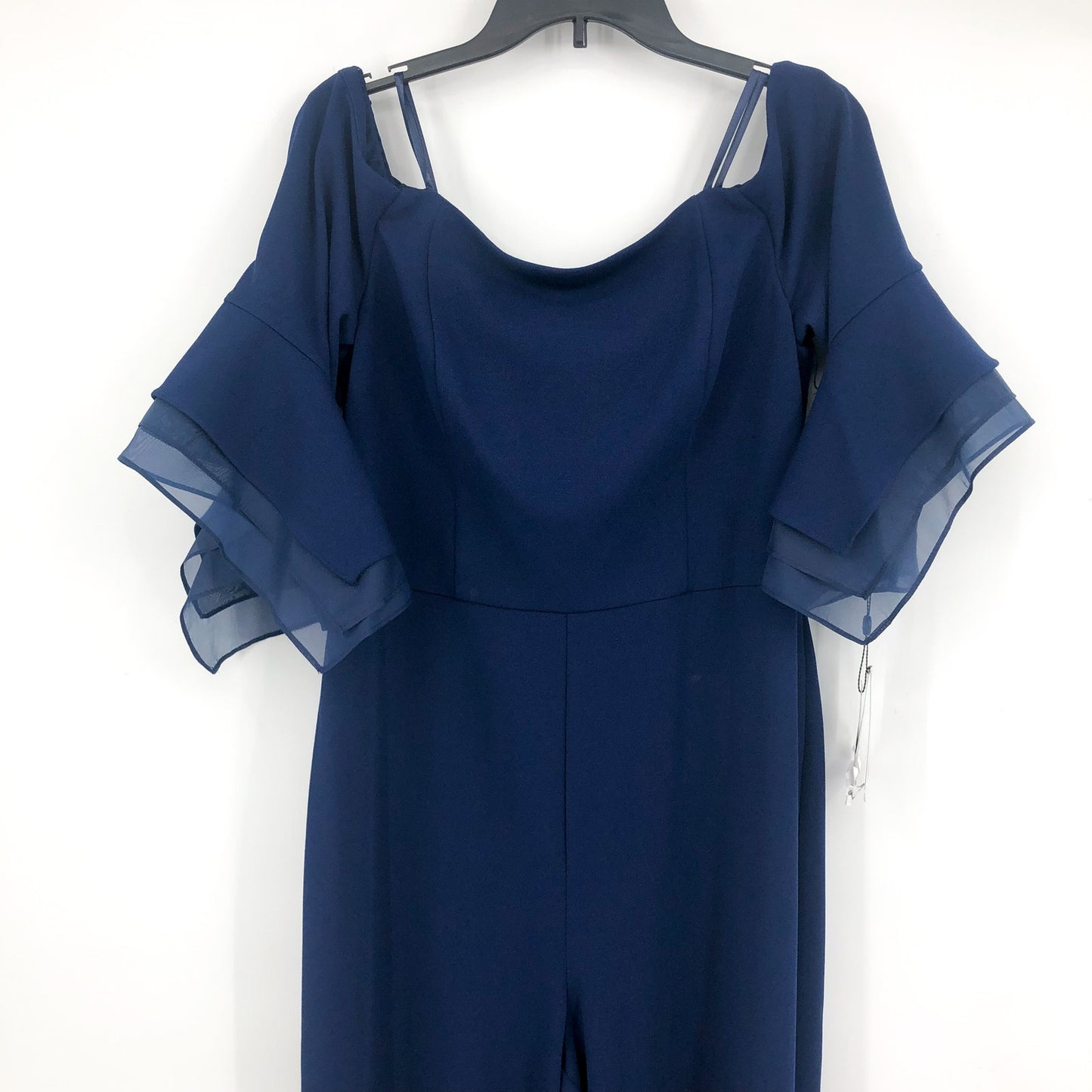 ADRIANNA PAPELL Organza Crepe Jumpsuit Size 14 Navy Blue Satin Off Shoulder NWT