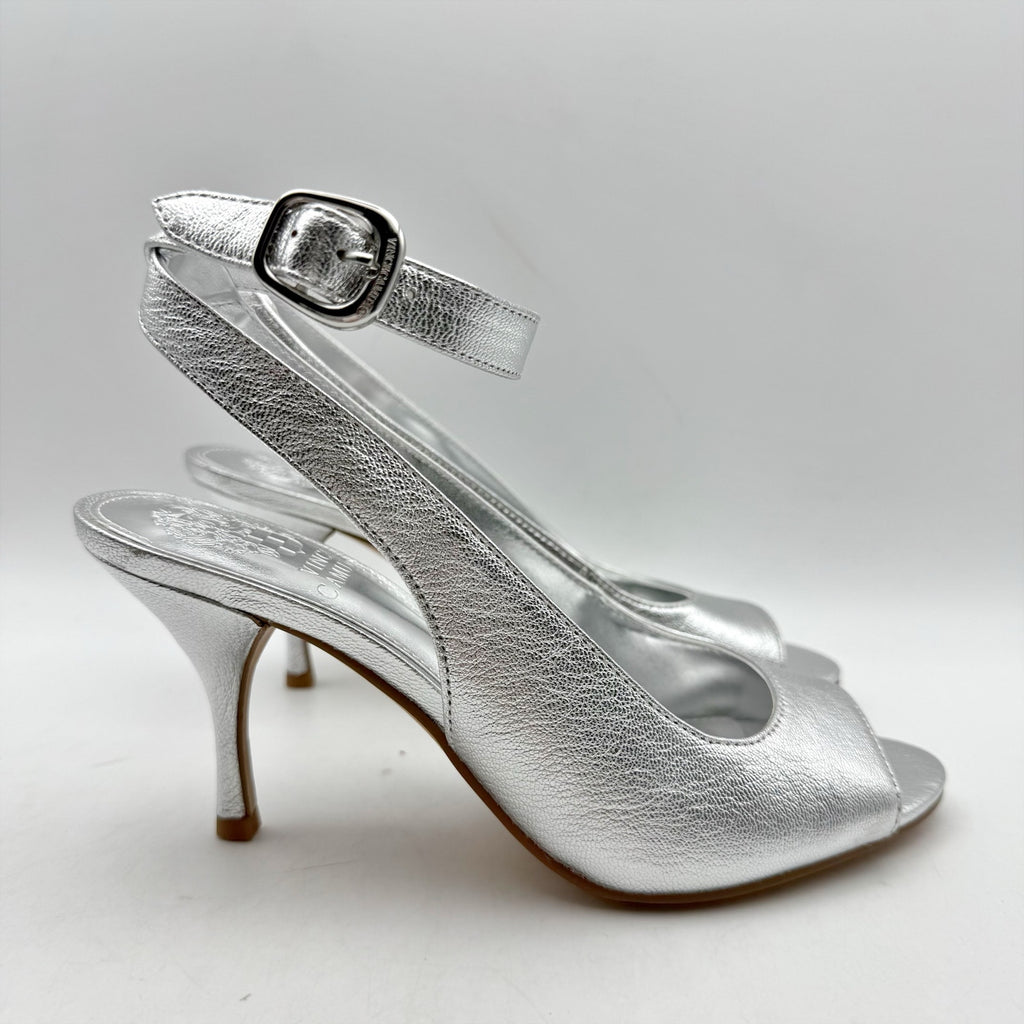 Vince Camuto Womens Pavles Ankle Strap Heeled Sandals Size 6 Silver Leather NIB