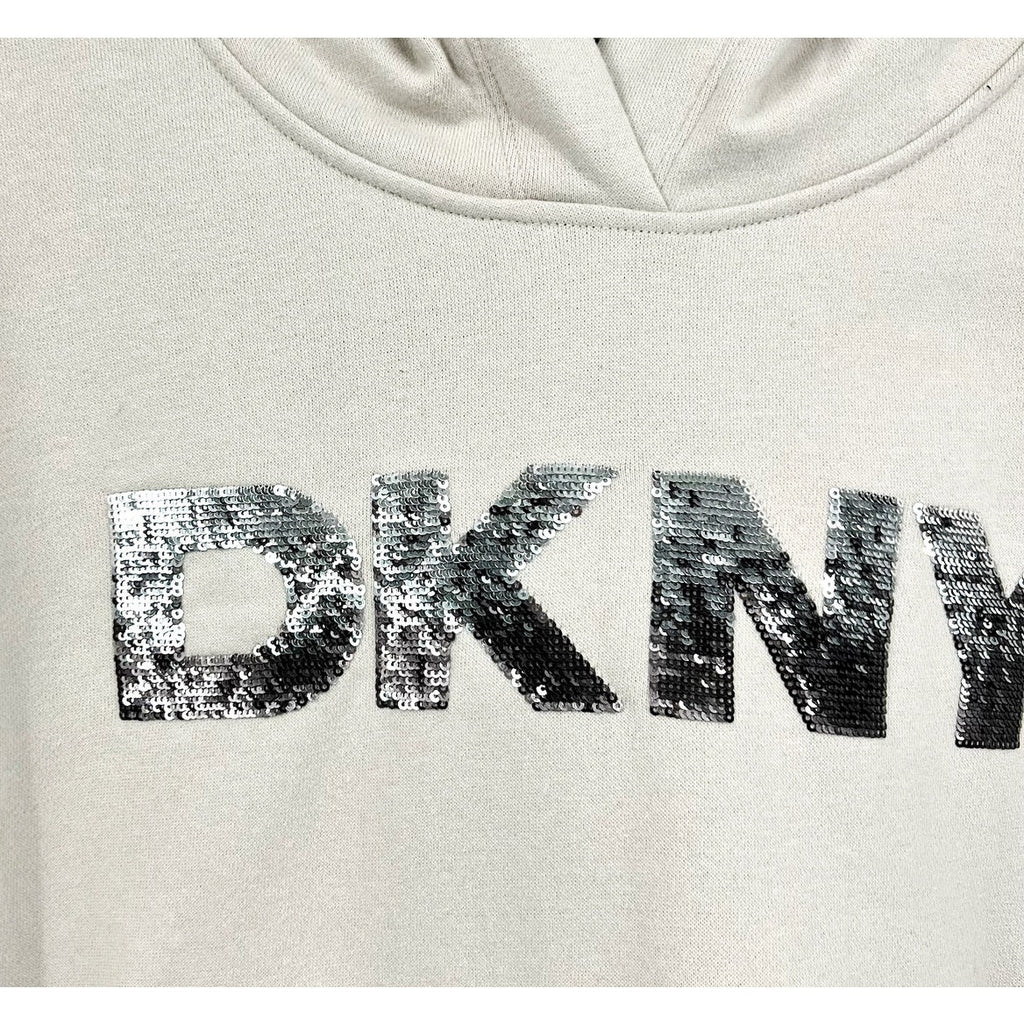 DKNY Women's Sequin Fleece Hoodie Large Taupe Tan Pullover Sweatshirt NWT