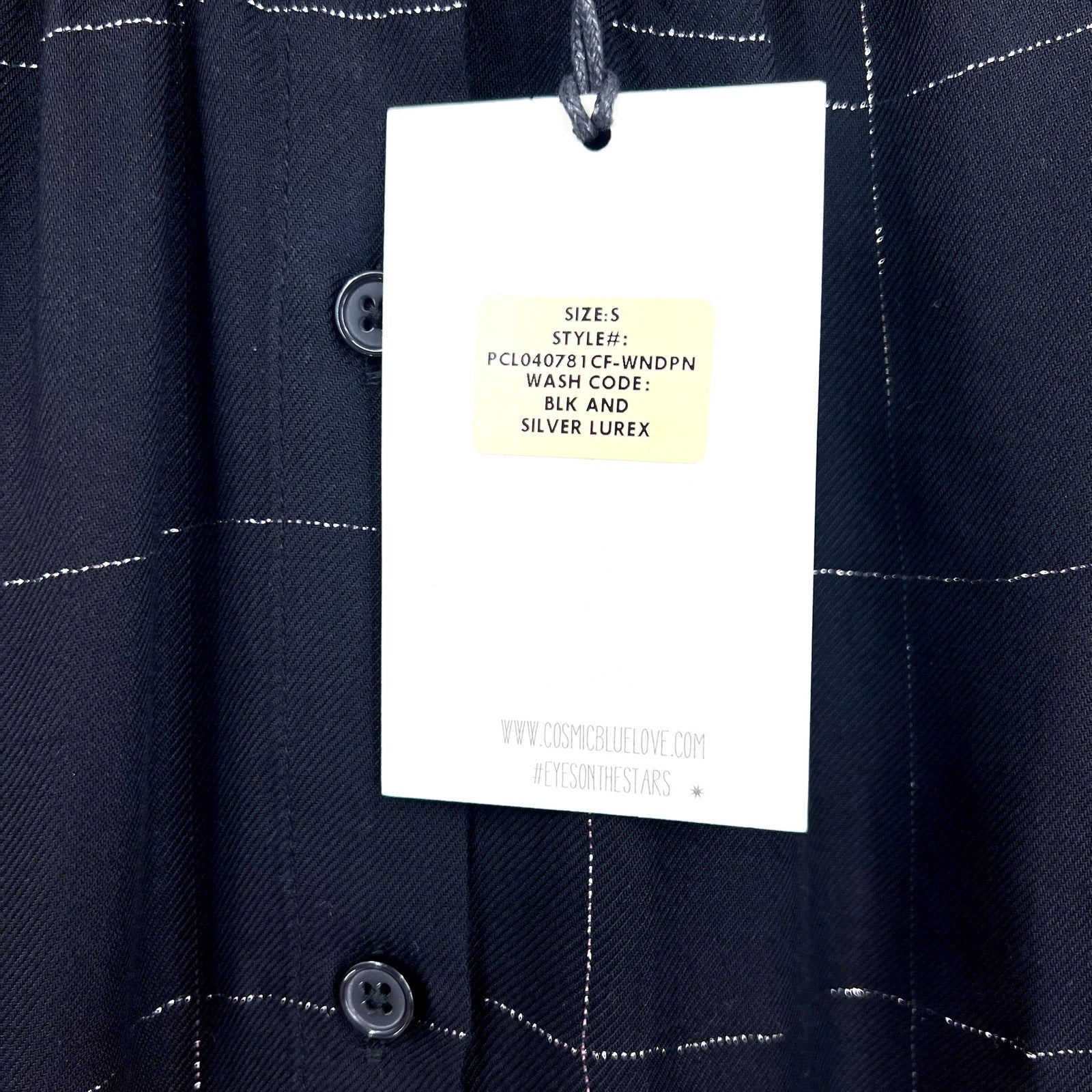 STITCH FIX- COSMIC BLUE LOVE- Womens Blouse Small Black Silver Windowpane LS NWT