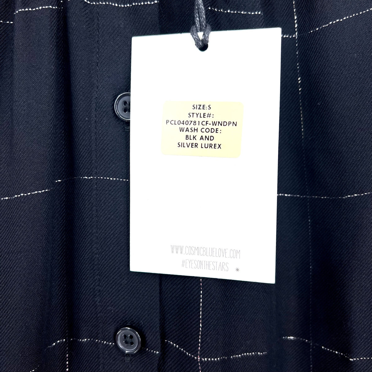STITCH FIX- COSMIC BLUE LOVE- Womens Blouse Small Black Silver Windowpane LS NWT