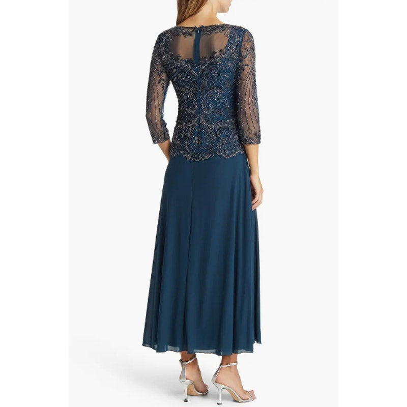 PISARRO NIGHTS Beaded Mesh Gown Size 4 Blue Rich Sapphire Mock Two-Piece NWT