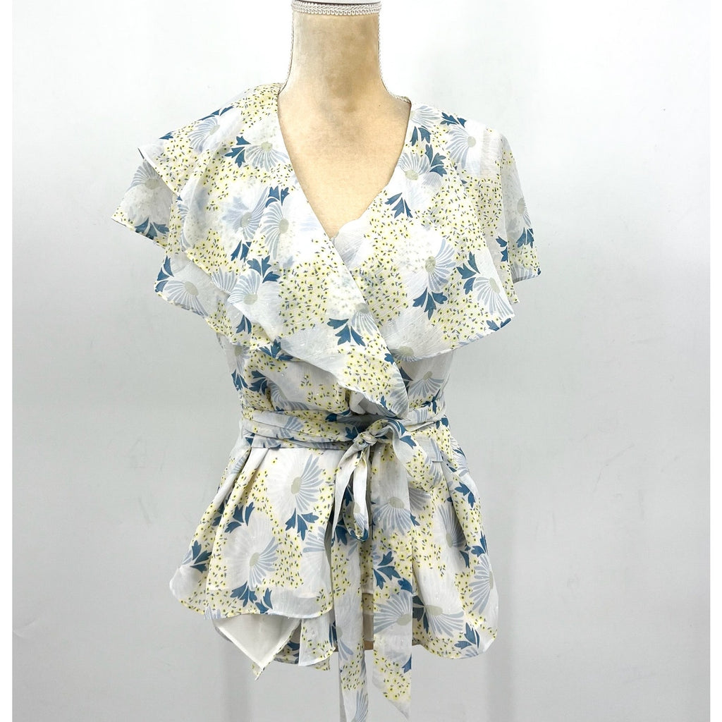 TED BAKER Women's Gemmiaa Wrap Top TED 3 US Large Sky Blue Floral Ruffle NWT