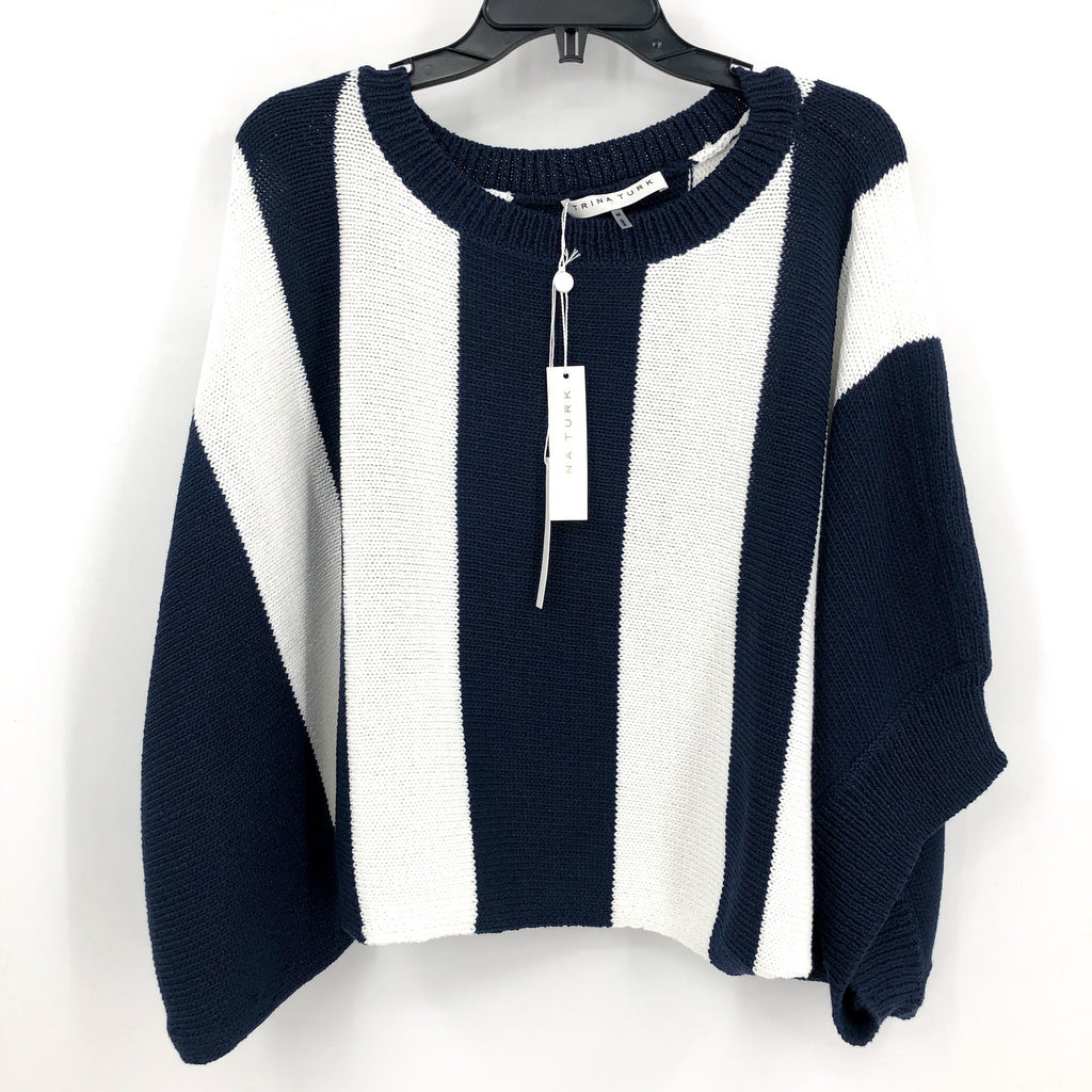 TRINA TURK Women's Horizon Striped Sweater Medium Navy White Boatneck NWT
