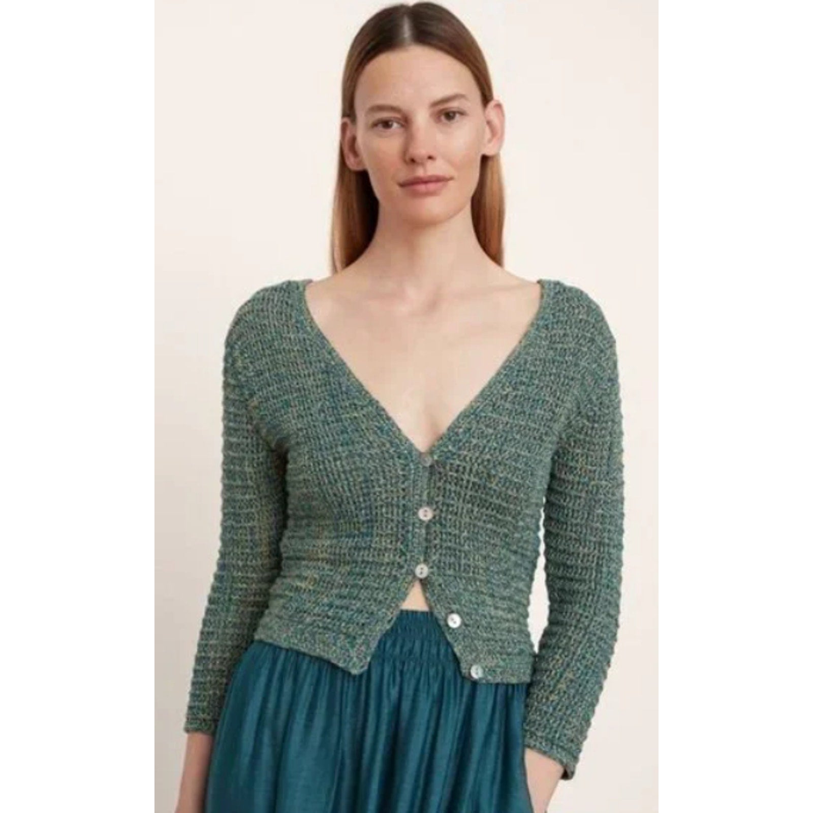VINCE Women's Marled Crochet Cardigan XS Green Marl V-Neck Cotton NWT