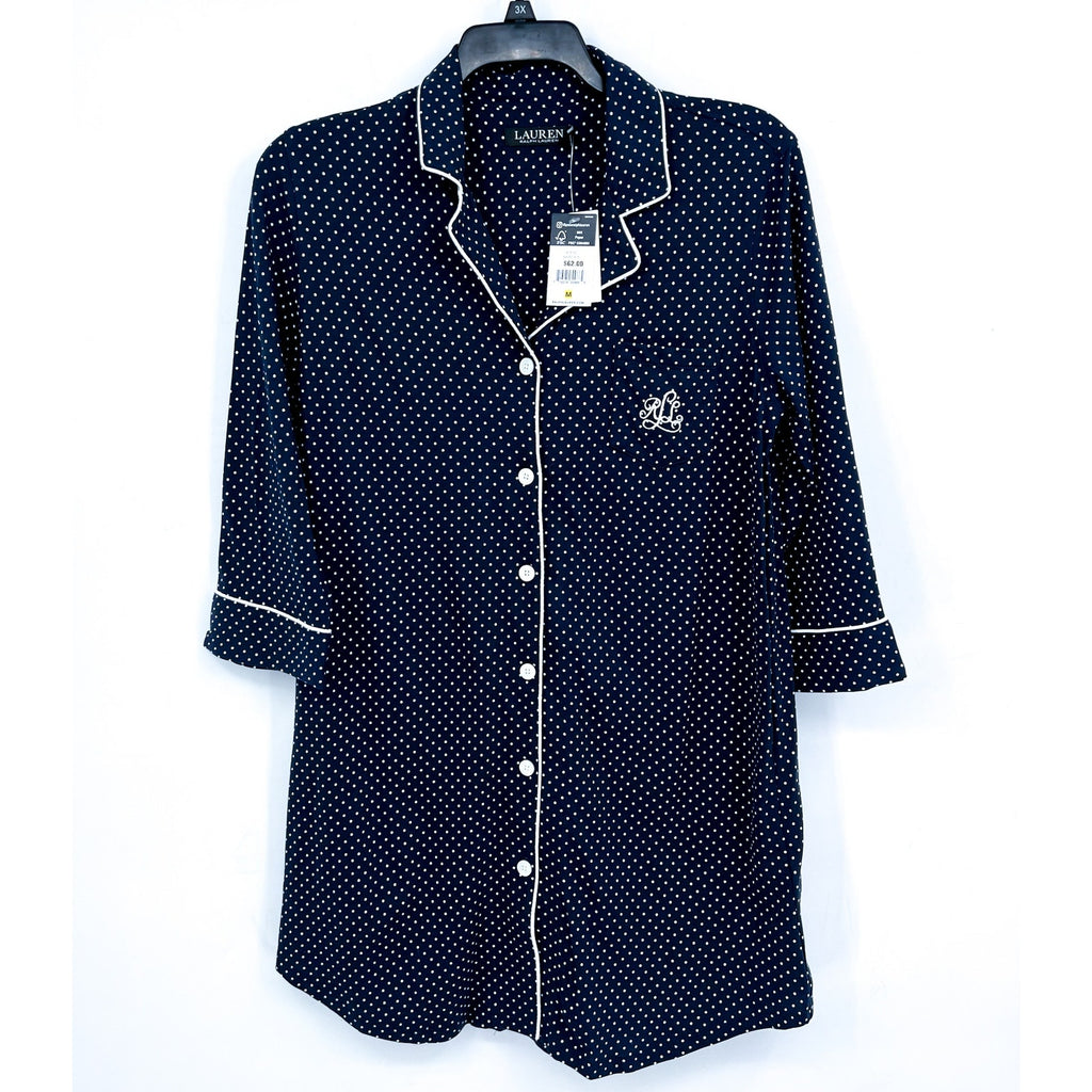 LAUREN RALPH LAUREN Womens Cotton Sleep Shirt Medium Navy Blue White Dot NWT