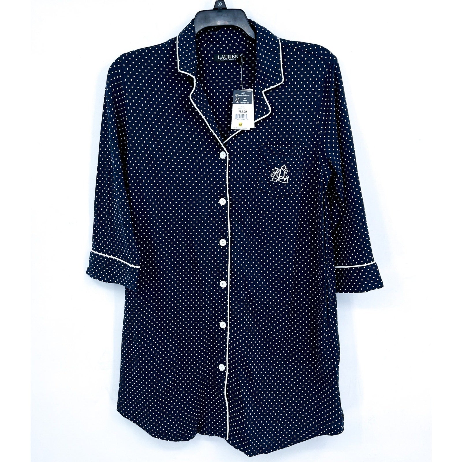 LAUREN RALPH LAUREN Womens Cotton Sleep Shirt Medium Navy Blue White Dot NWT