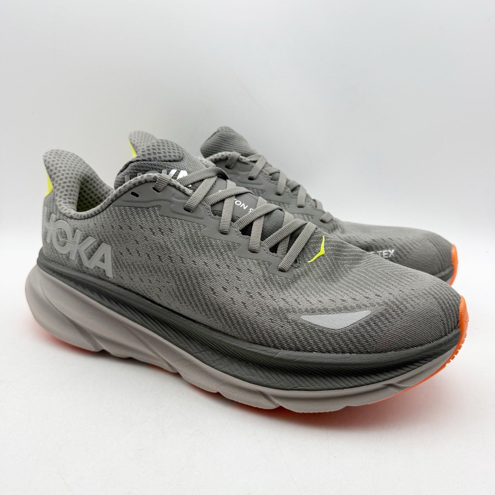 Hoka Mens Clifton 9 GTX Running Sneakers US 10 D Grey Orange WP Athletic NWOB