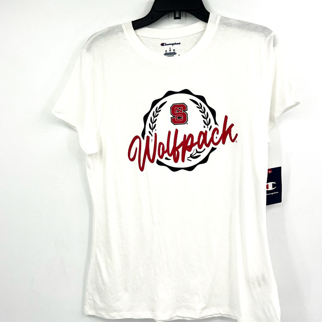CHAMPION Womens N Carolina State Wolfpack T-shirt LARGE White Short Sleeve NWT