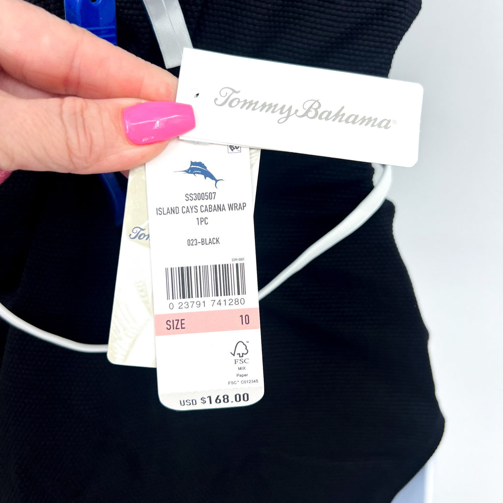 TOMMY BAHAMA Island Cays Cabana Wrap-Front One-Piece Swimsuit 10 Black NWT