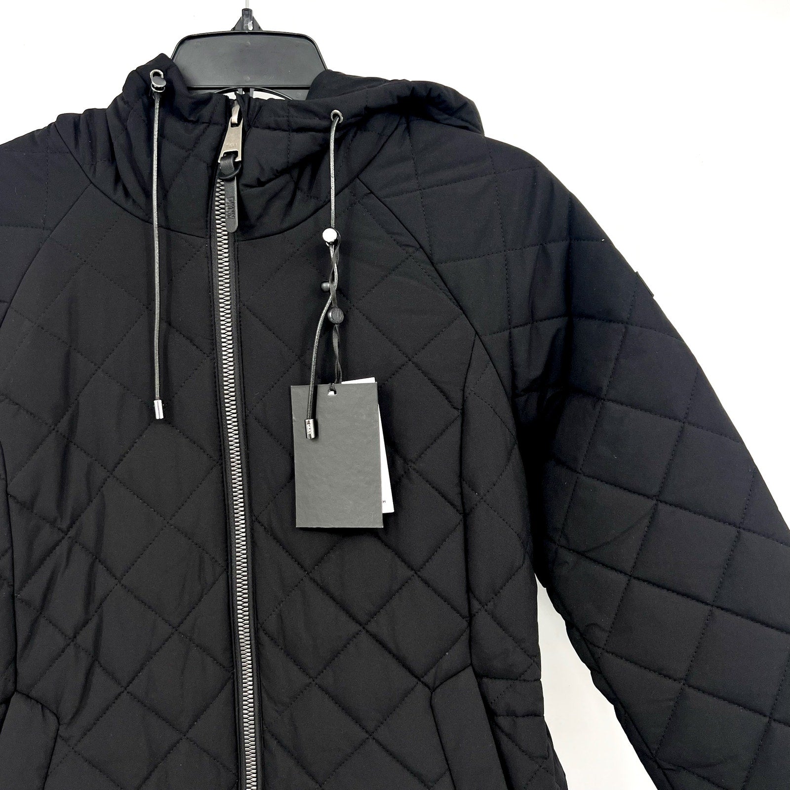 DKNY Womens Diamond Quilted Jacket XS Black Hooded Mid-Length NWT