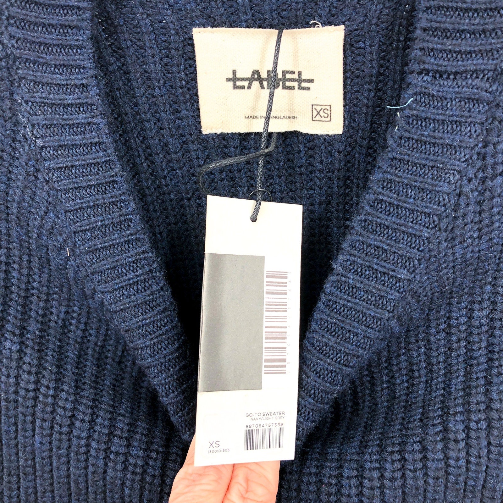 LABEL Men's Go-To Sweater XS Navy Blue Light Grey Knit Crewneck Merino Wool NWT