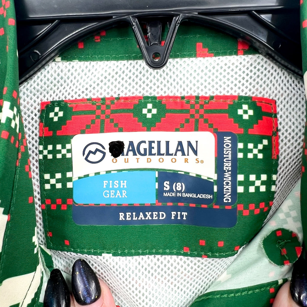 Magellan Boys Laguna Madre Holiday Fair Isle Fishing Shirt Small Green Red NWOT
