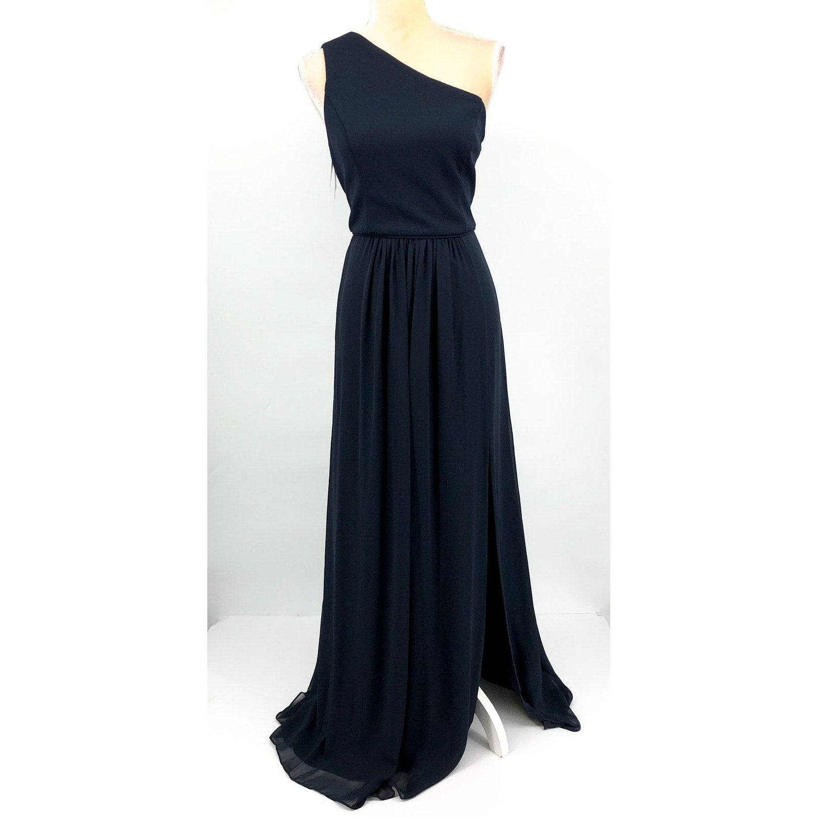 ADRIANNA PAPELL One-Shoulder Chiffon Long Gown Size 8 Midnight Blue Formal NWT