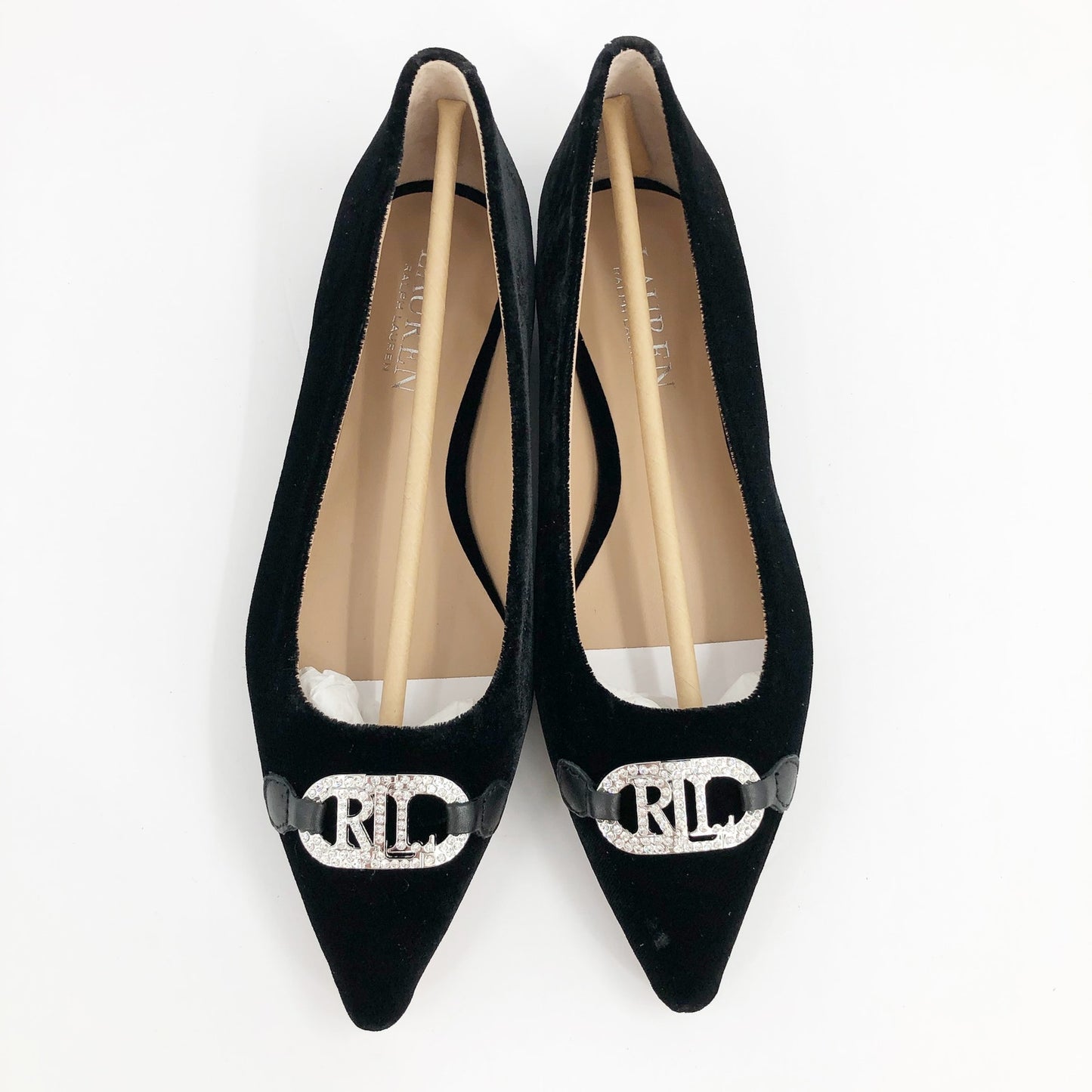 LAUREN RALPH LAUREN Lilah Velvet Ballet Flat Size 6 Black Pointed Toe Logo NWOB