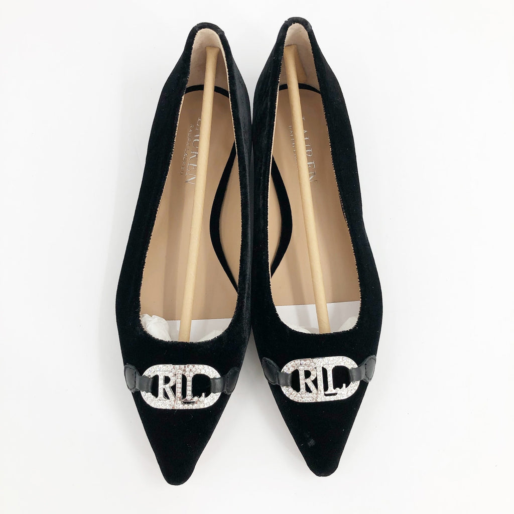 LAUREN RALPH LAUREN Lilah Velvet Ballet Flat Size 6 Black Pointed Toe Logo NWOB