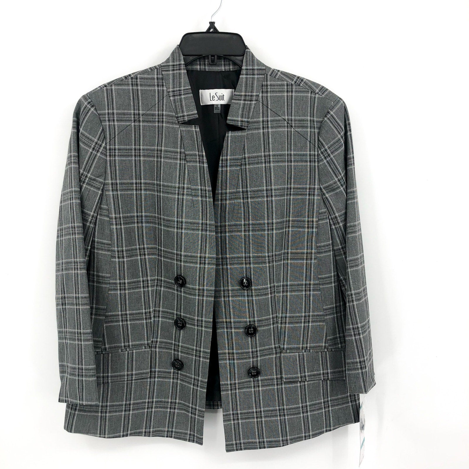 LE SUIT Womens Windowpane Plaid Suit Jacket SIZE 16 Grey Black Button Blazer NWT