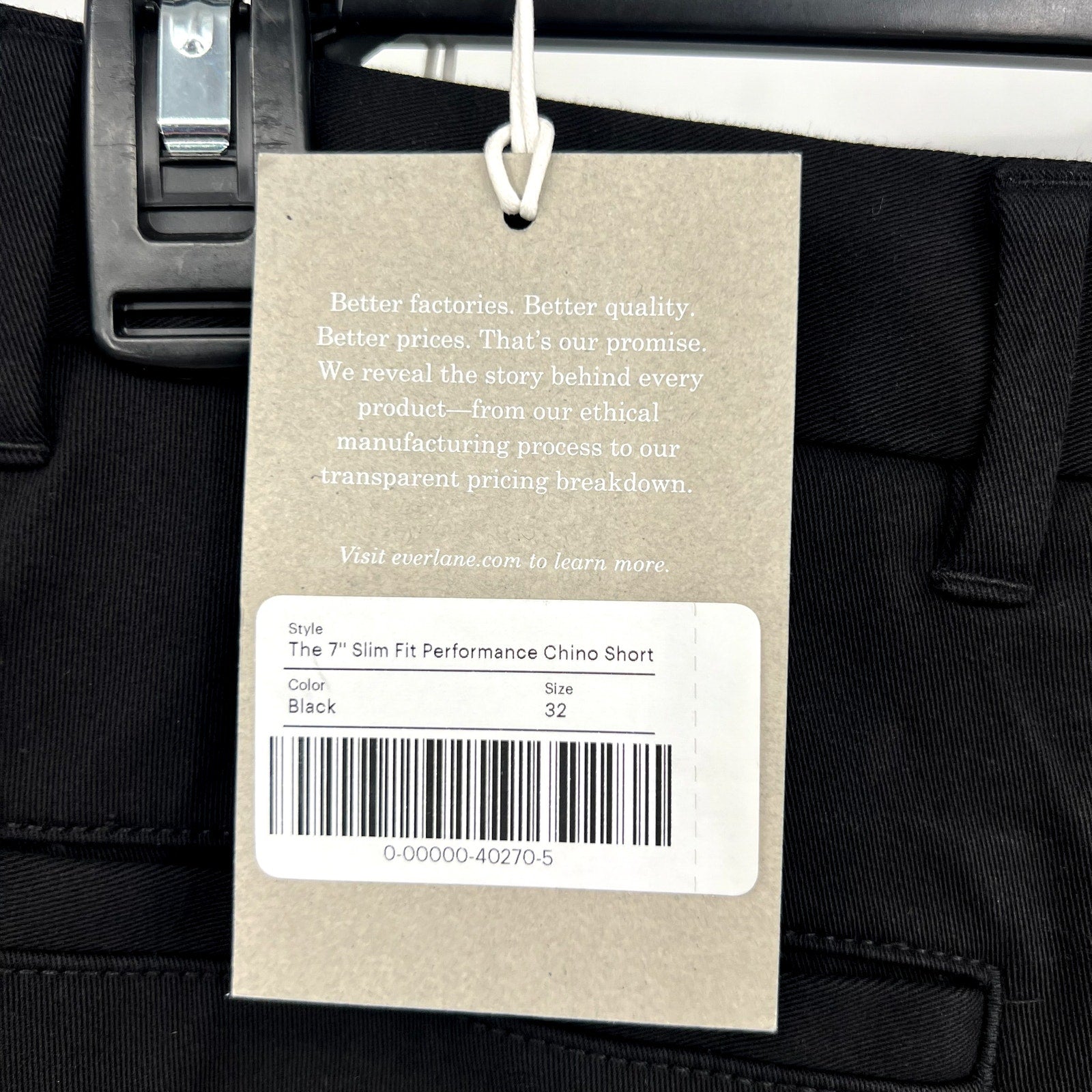 EVERLANE Men's The 7" Performance Chino Shorts Size 32 Black NWT