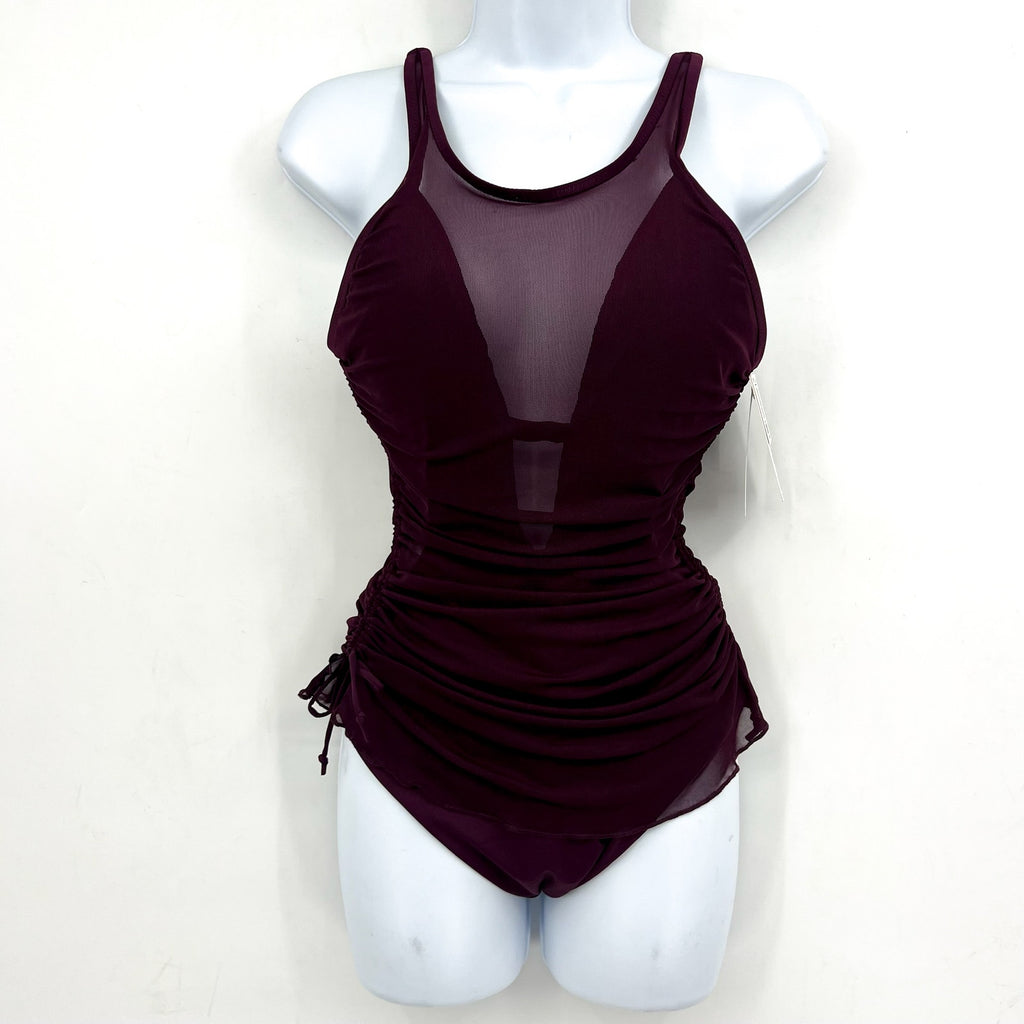 BECCA Muse Macie One Piece Swimsuit Large Purple High Neck Mesh Overlay NWT