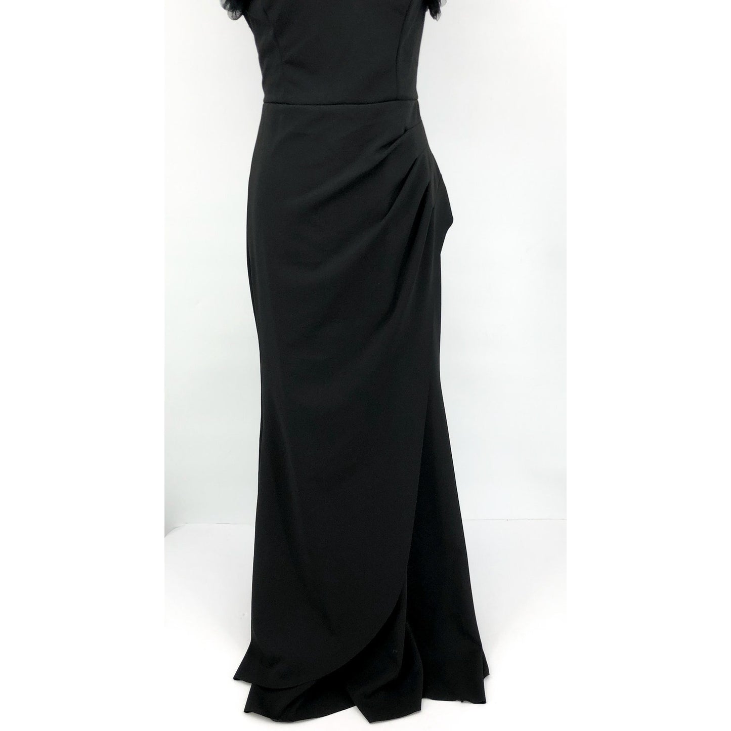 AQUA FORMAL Women's Long Scuba Crepe Dress Size 10 Black Ruffle Shoulder NWT