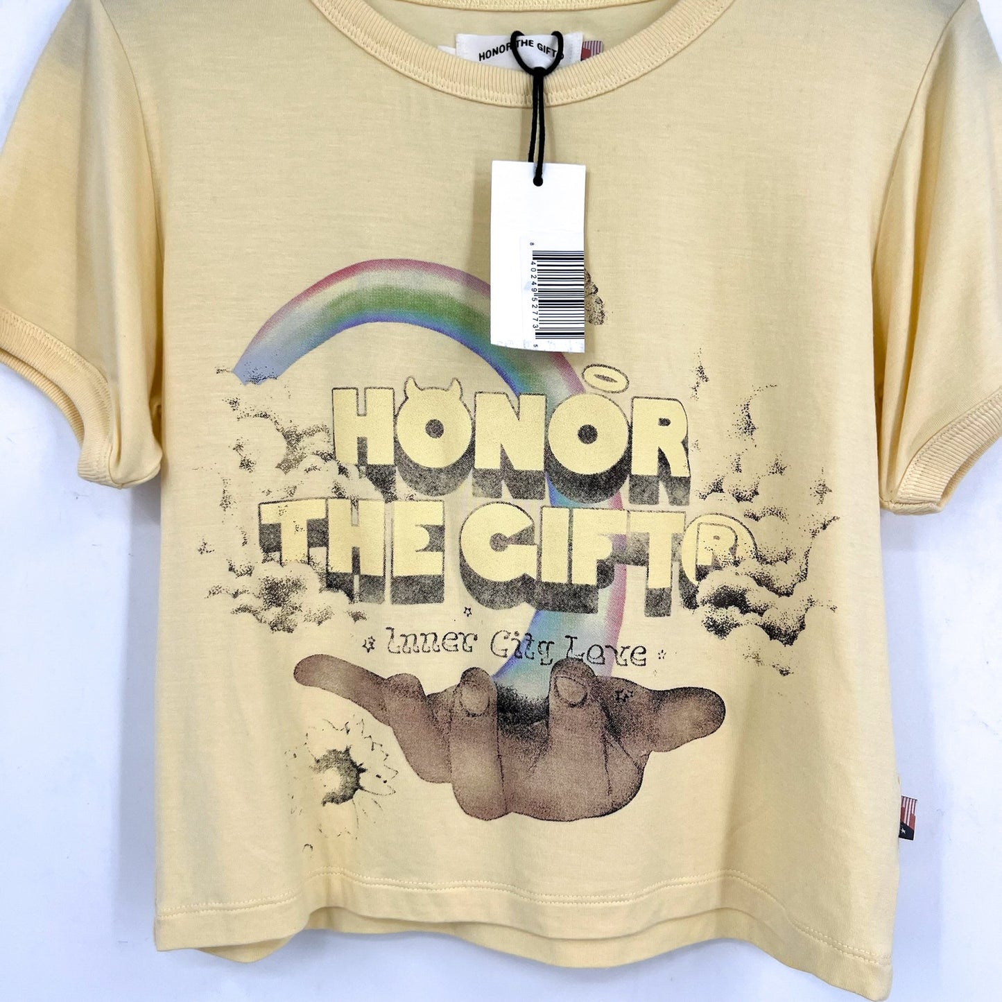 HONOR THE GIFT Women's Palms Cropped Graphic T-Shirt Small Yellow Blonde NWT