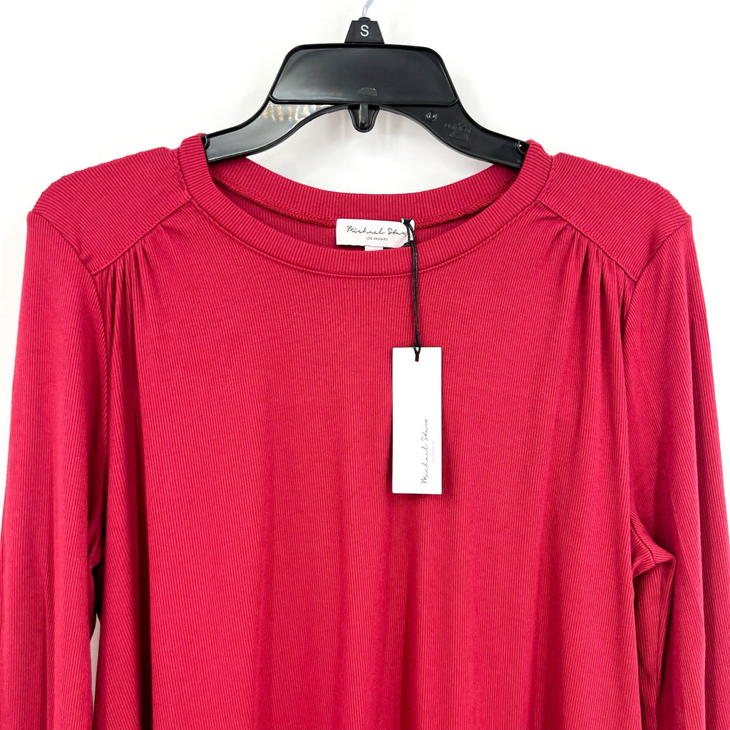 MICHAEL STARS Womens Shelby Ruched Shoulder 3/4 Sleeve Tee Small Carmine Red NWT