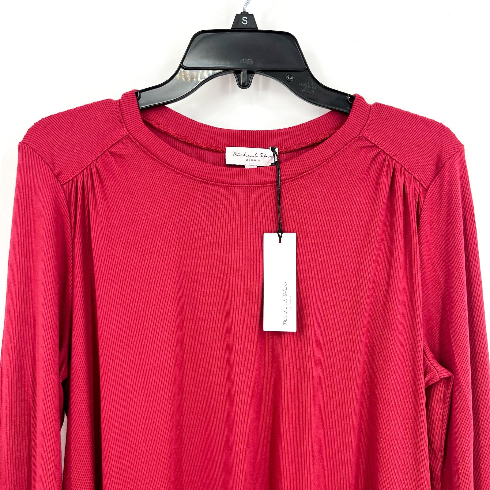 MICHAEL STARS Womens Shelby Ruched Shoulder 3/4 Sleeve Tee Small Carmine Red NWT