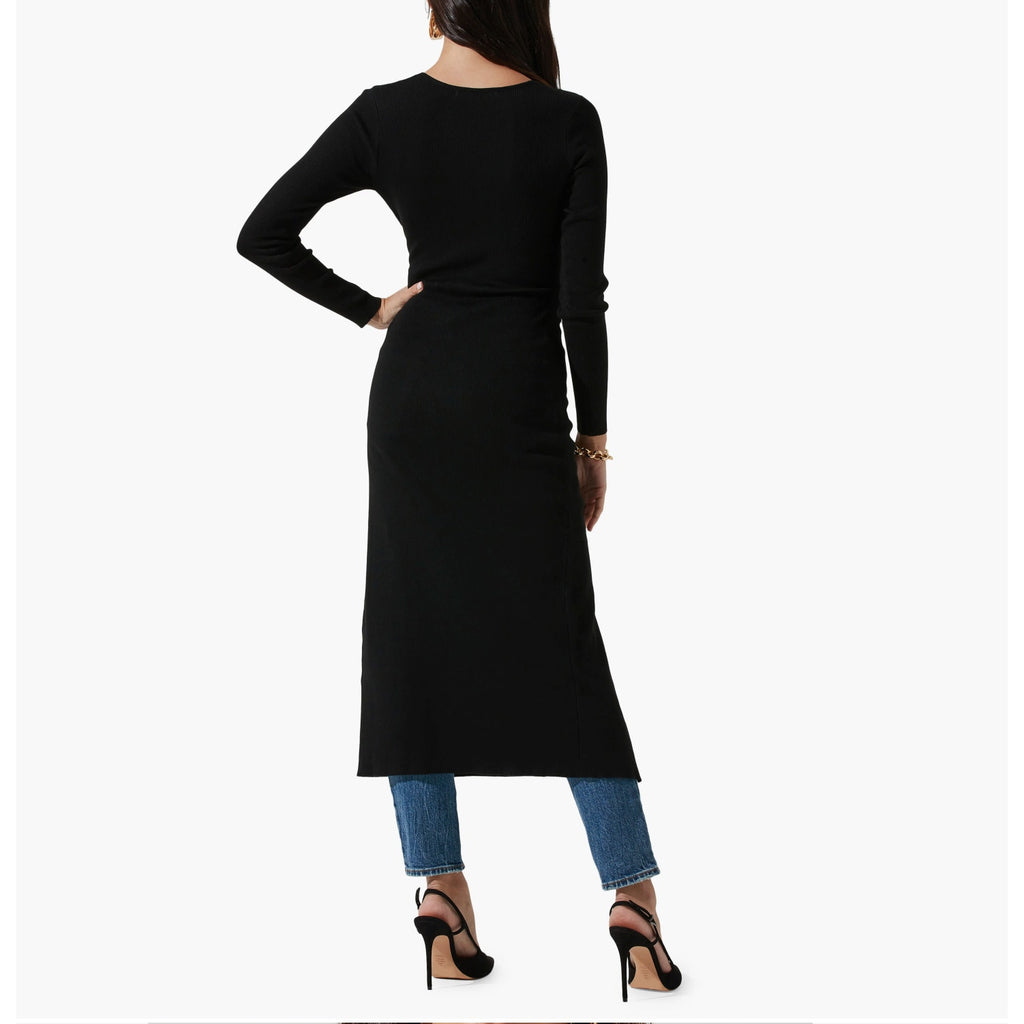 ASTR The Label Cross Front Slit Long Sweater Dress Large Black Knit VNeck NWT