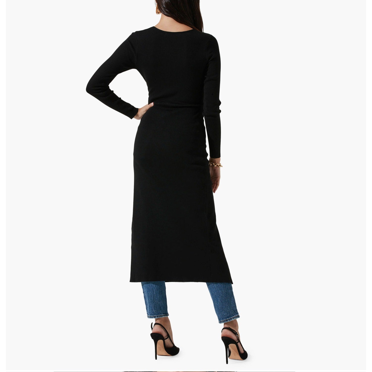 ASTR The Label Cross Front Slit Long Sweater Dress Large Black Knit VNeck NWT